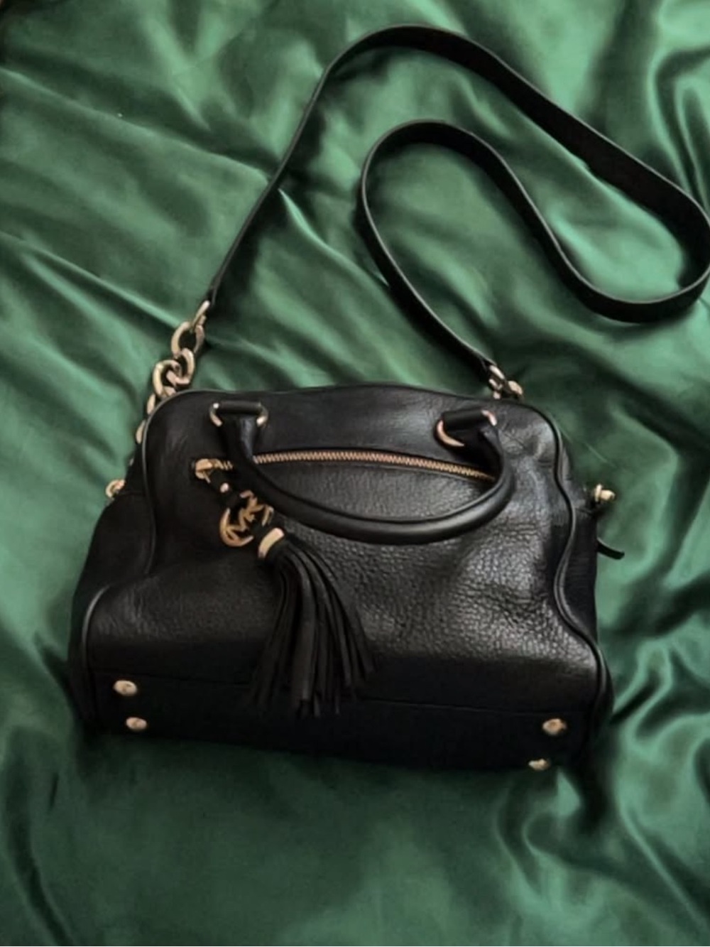 Michael Kors Black Leather Satchel with Tassel and Gold Hardware